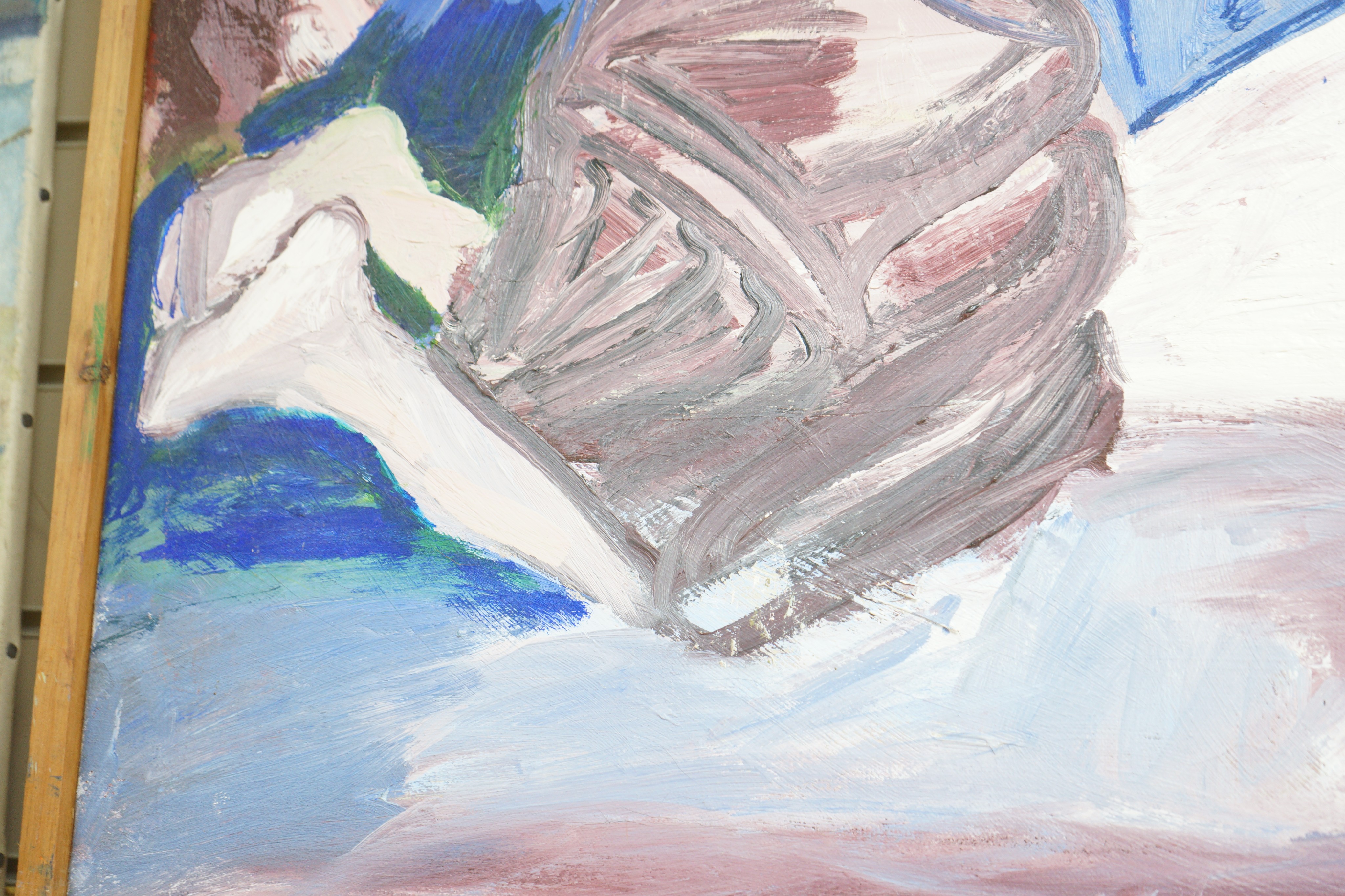 Modern British, oil on canvas, Stylised nude, monogrammed RW, 68 x 56cm